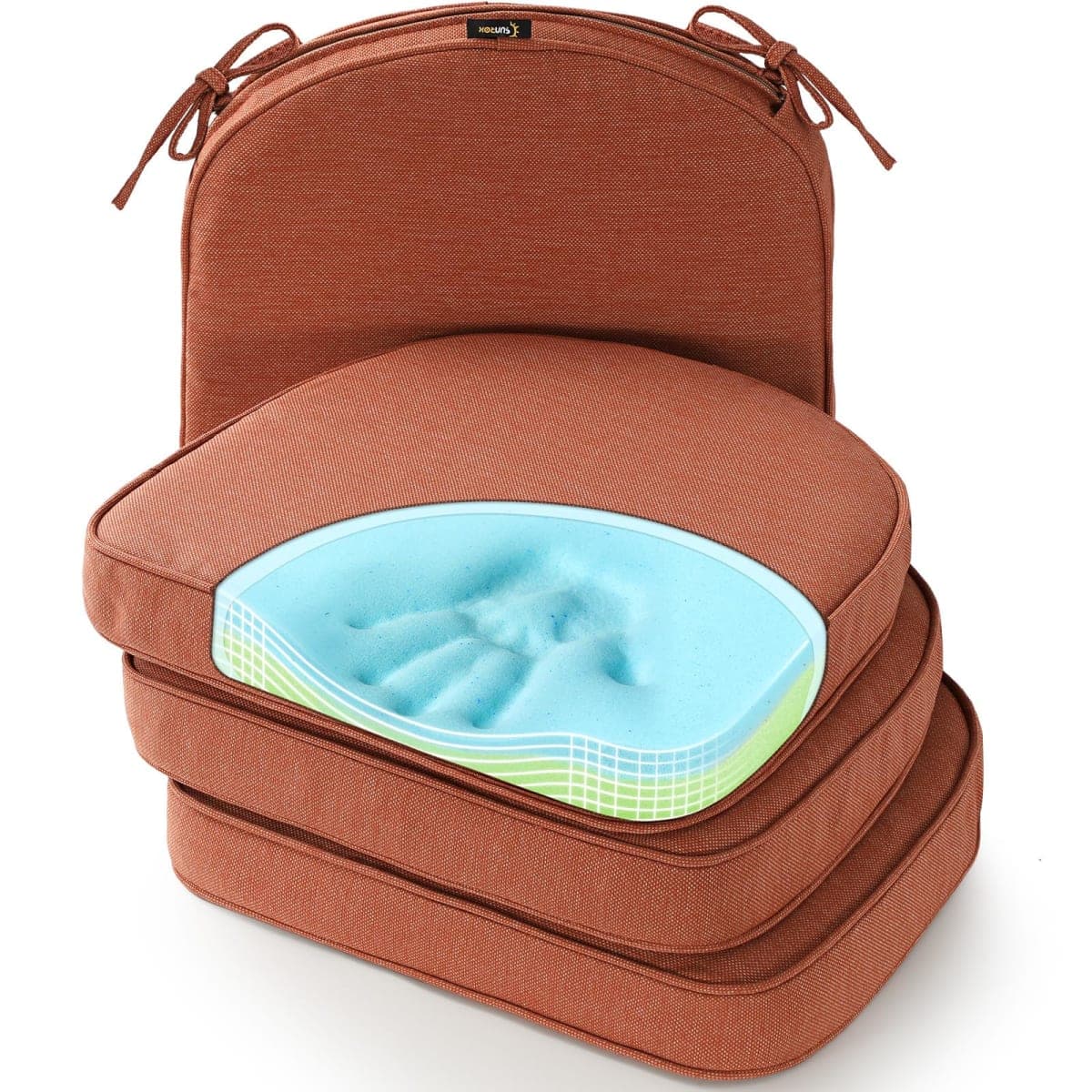 SUNROX Gel Memory Foam Chair Cushions, FadeShield Water-, Stain-Resistant Durable Reversible Seat Cushion Pads with Ties for Indoor/Outdoor Kitchen Dining Office 17"x16" Set of 4, Terracotta