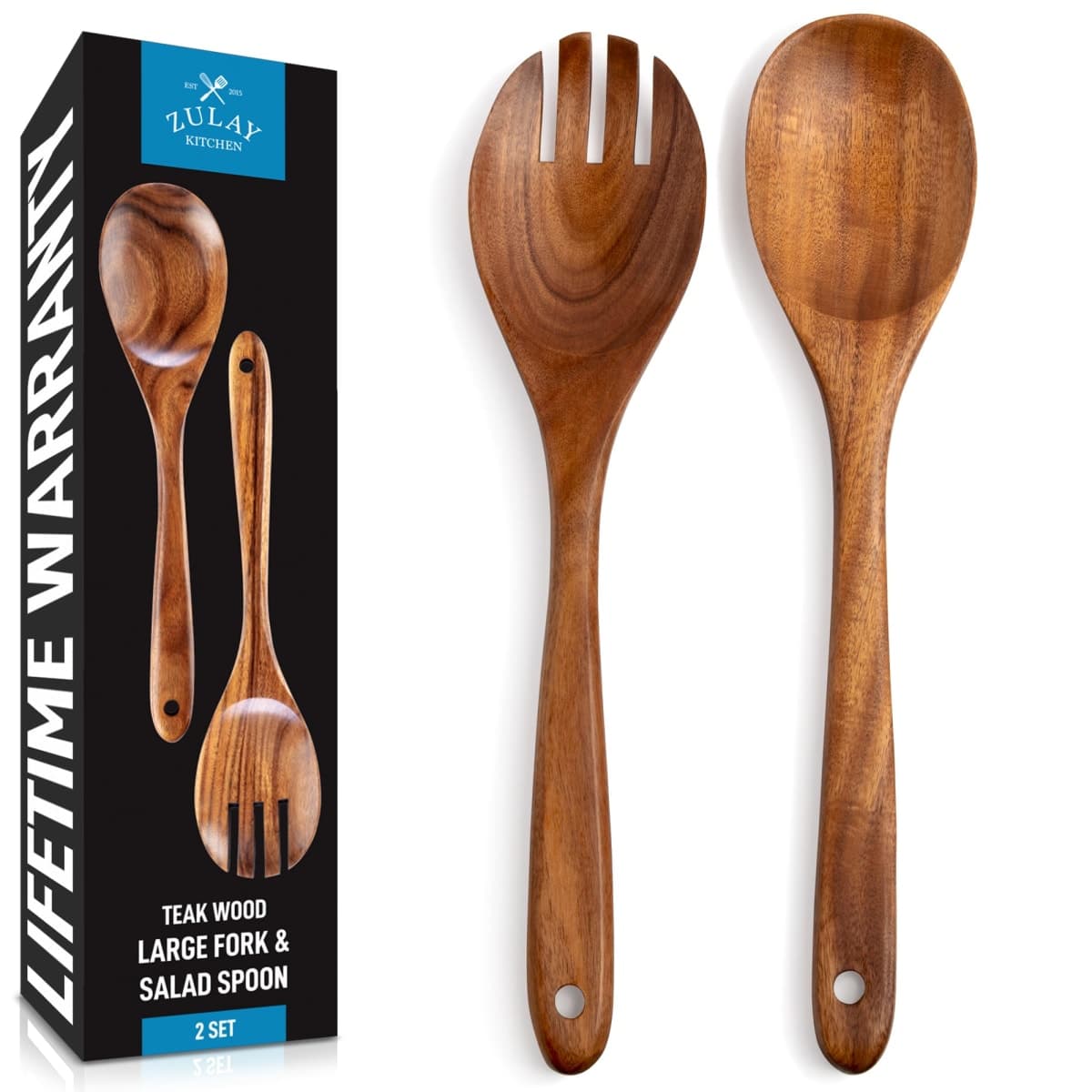 ZK Utensil Set Teak Wood - Large Salad Spoon and Fork - 2 Piece