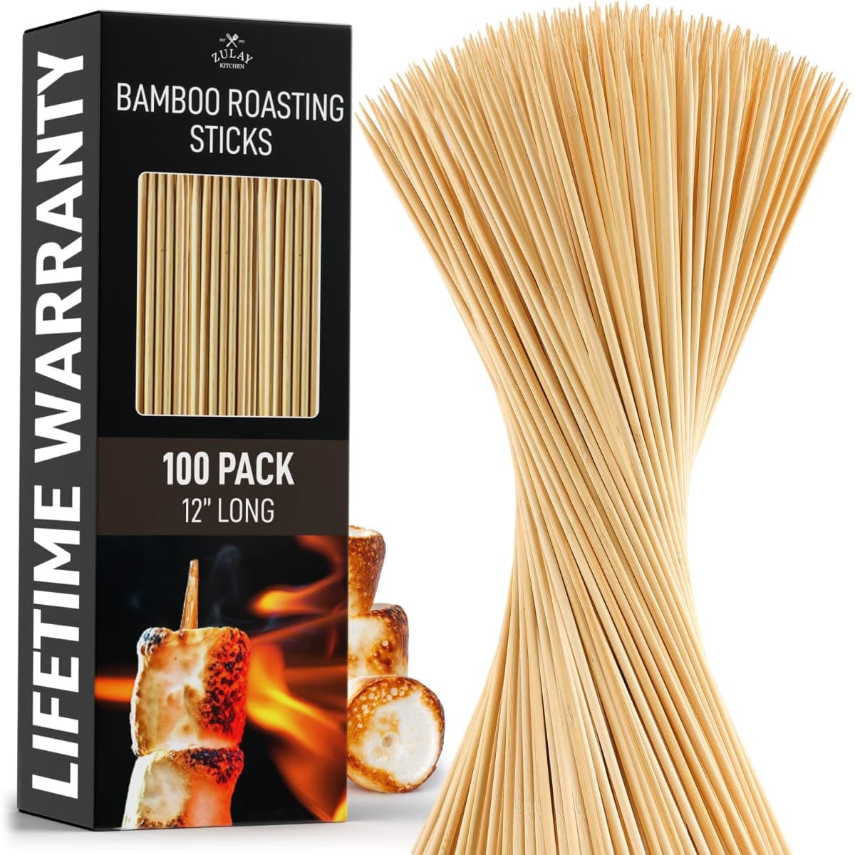Zulay Kitchen Authentic Bamboo Skewers - 100, 12" Roasting Sticks - 5mm Heavy-Duty Bamboo Skewers - Thick BBQ Sticks - Ideal for Grilling & Camping