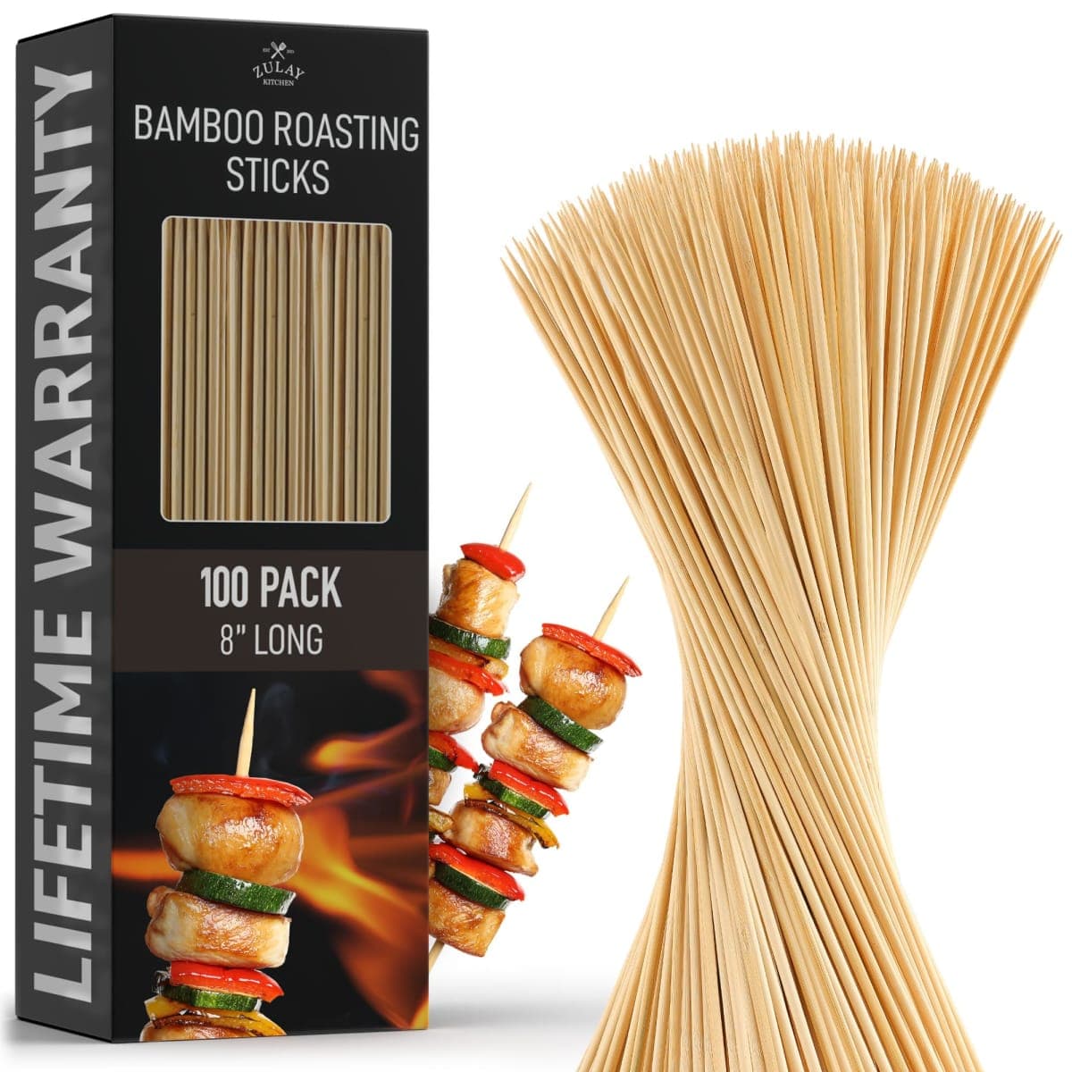 Zulay Kitchen Authentic Bamboo Skewers - 100, 8" Roasting Sticks - 5mm Heavy-Duty Bamboo Skewers - Thick BBQ Sticks - Ideal for Grilling & Camping