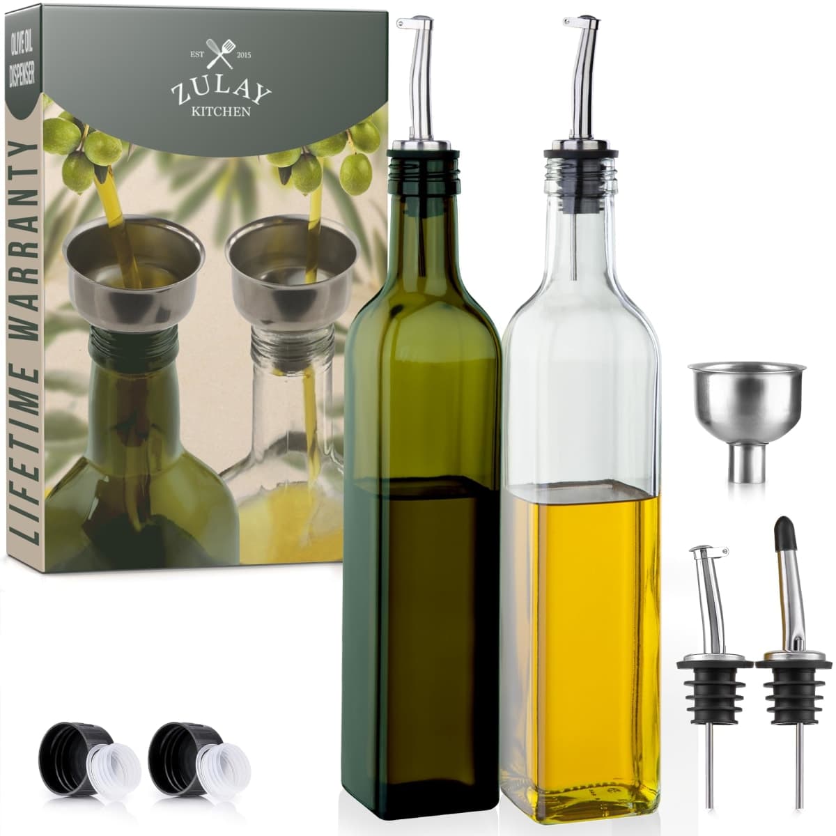 (2 pack) Zulay 17oz Olive Oil Dispenser Bottle For Kitchen - Glass Olive Oil Bottles With 2 Spouts, 2 Removable Corks, 2 Caps, & 1 Funnel - Oil Bottle For Kitchen & Storing Liquids