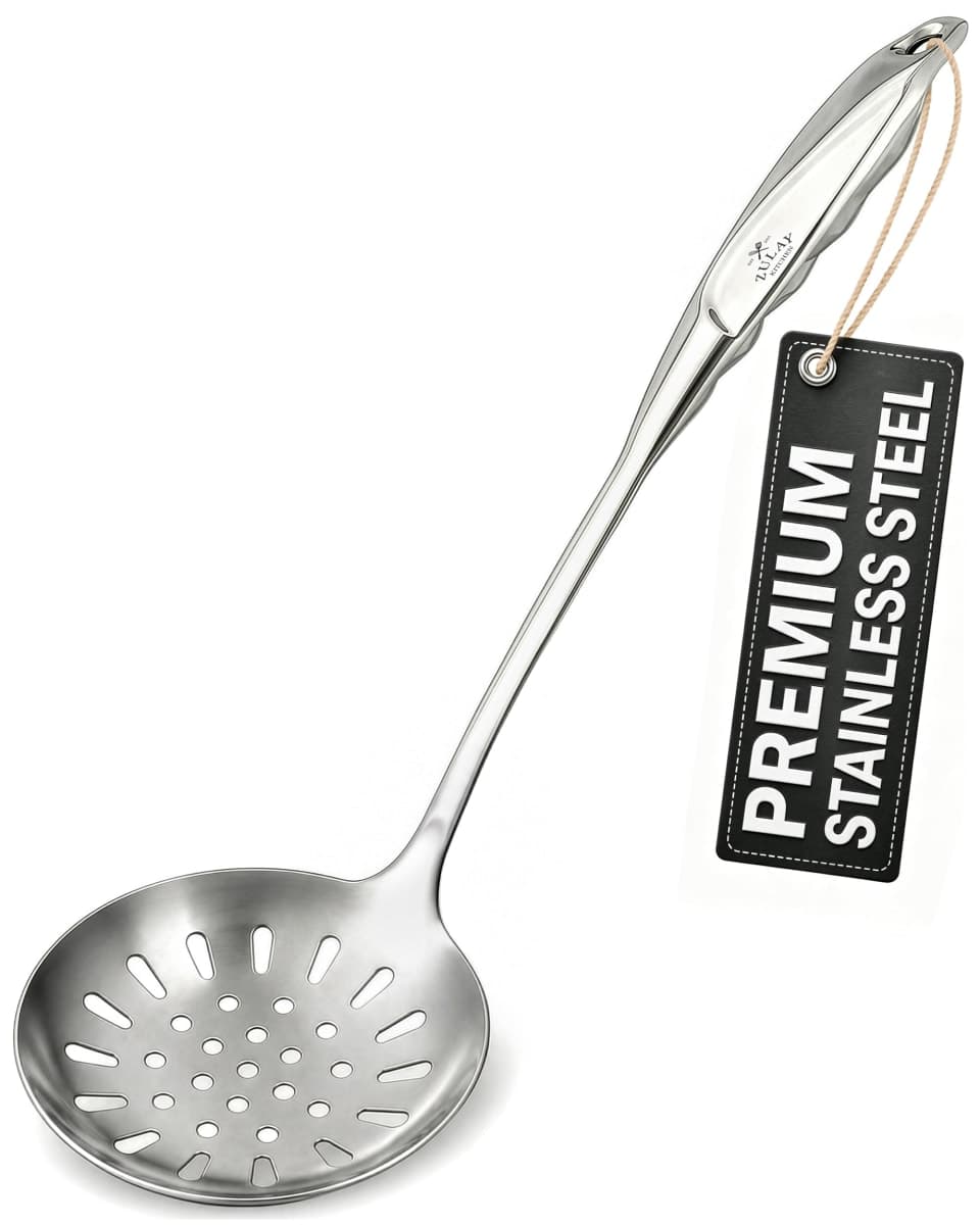 Zulay Kitchen Skimmer Spoon - Stainless Steel Slotted Spoon with Extra Large Bowl, Built-in Hang Hole & Comfortable Grip Handle - Durable Food Grade Strainer Spoon for Draining & Frying (14.5 inch)