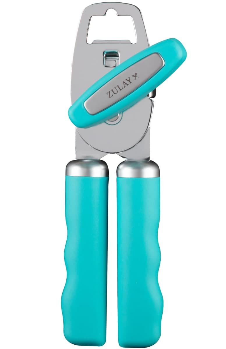 Zulay Kitchen Heavy Duty Stainless Steel Can Opener Manual with Bottle Opener - Rust Proof Manual Can Opener with Turn Knob & Soft Grip Handles - Turquoise