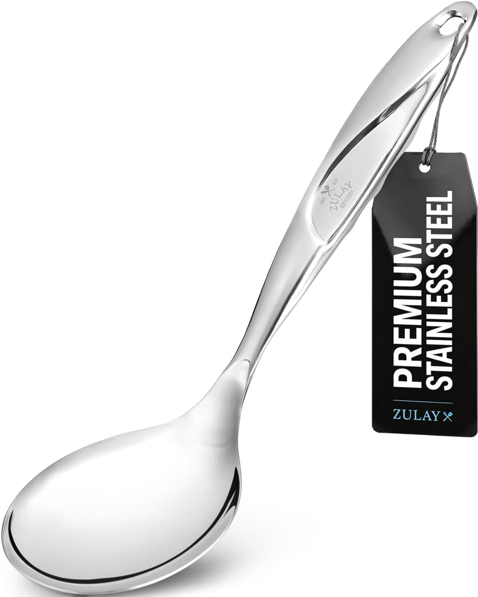 Zulay Kitchen 11.5 inch Stainless Steel Serving Spoon - Solid One-Piece Cooking Spoon with Comfortable Handle - Multipurpose Kitchen Spoon for Serving, Cooking, Mixing