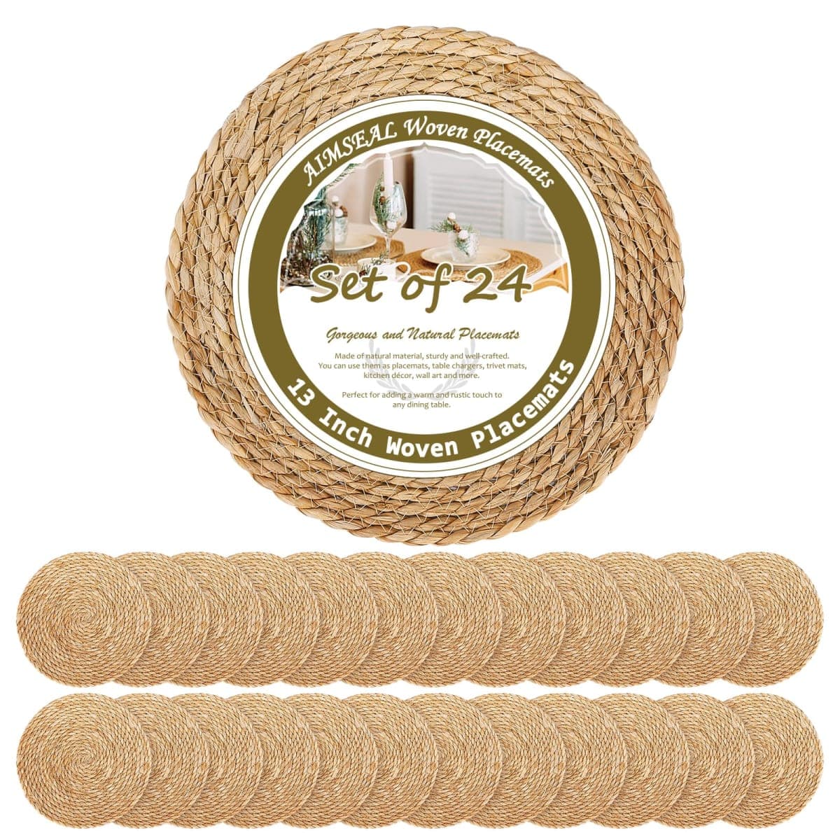 13 Inch Woven Placemats Set of 24, Boho Round Place Mats for Dining Table Decor, Rustic Jute Chargers for Dinner Plates, Outdoor Patio, Farmhouse Wedding, Water Hyacinth Wicker Rattan Braided Placemat