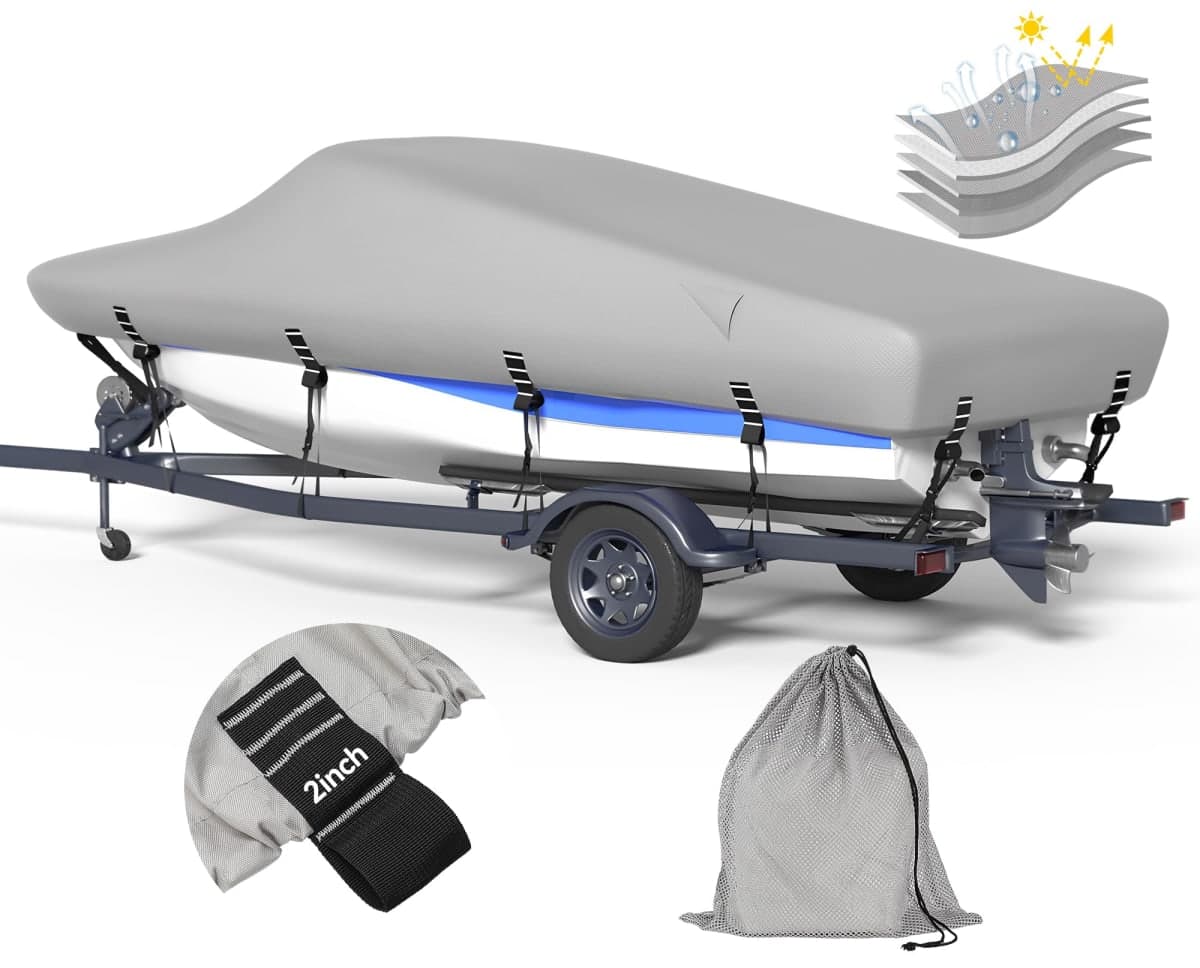 5-ply 1200D Heavy Duty Boat Cover for 14-16ft V-Hull Tri-Hull Bass Boats