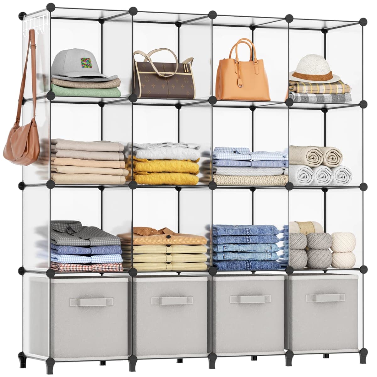 HOMIDEC Closet Organizers and Storage, 16 Cube Storage Organizer, Closet Organizer Bookshelf Cubes Shelves for Clothes, Bedroom, Kids Room, Bathroom, Wardrobe, Garment Racks, Transparent