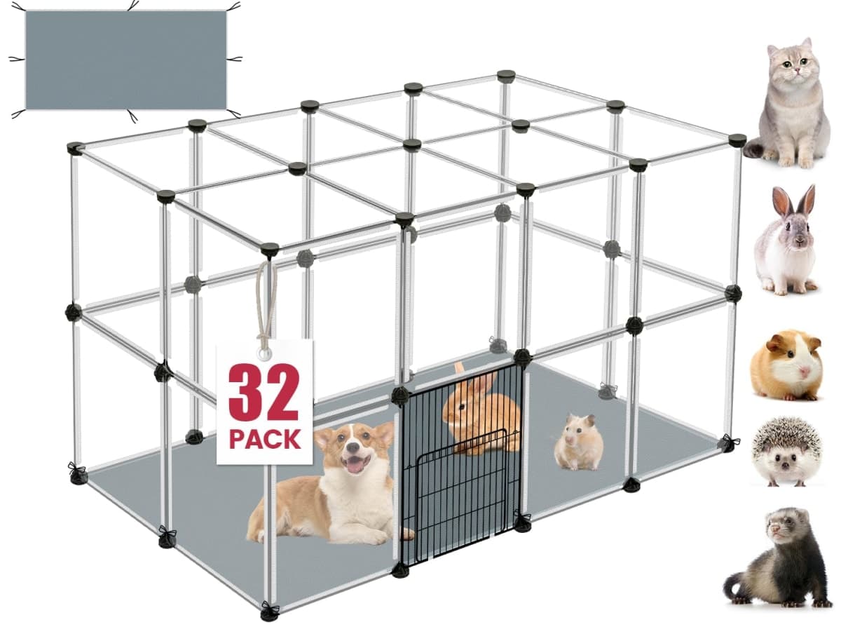 32 Panels Small Animals Playpen,Transparent Pet Playpen with Waterproof Mat, Plastic Enclosure,Puppy Play Pen,Pet Fence Yard Fence for Guinea Pigs,Bunny,Ferrets,Hamsters,Hedgehogs for Indoors Outdoor