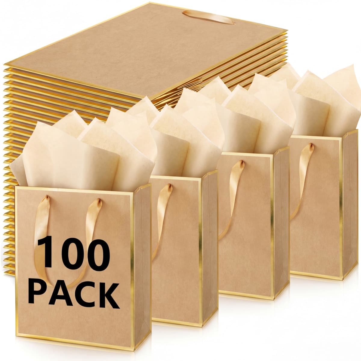 Yeaqee 100 Pcs Metallic Paepr Gift Bags Bulk with Handles,Kraft