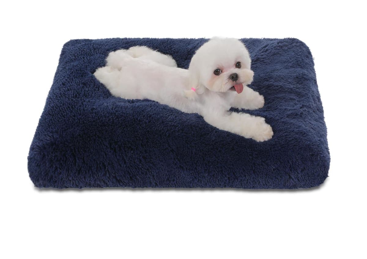 Bedfolks Waterproof Dog Crate Bed,Plush Dog Crate Pad with Removable Cover,Faux Fur Dog Bed for Small Dogs and Cats,Fluffy Washable Dog Kennel Bed 21"x13",Dark Blue