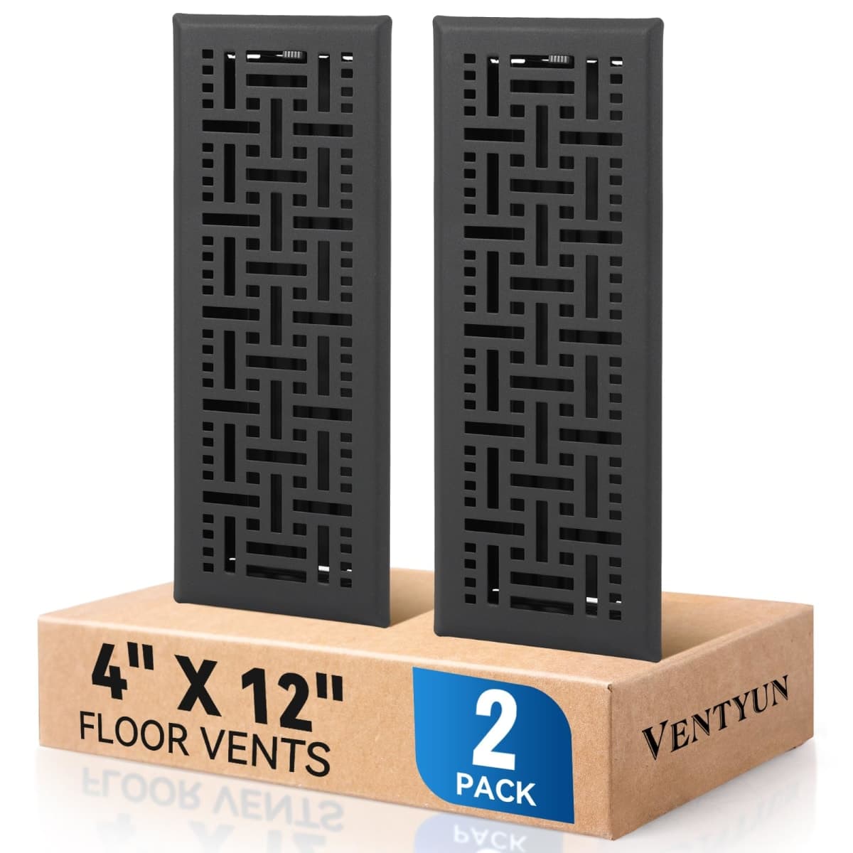 Ventyun Electroplated Floor Register,4" x 12" 2 Pack,Walkable Metal Vent Covers for Wall/Floor with Adjustable Airflow Curved Safe Edges,Matte Black